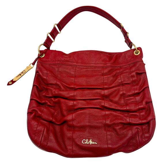 Cole Haan Leather Hobo Bag in Red - Ruched “Bailey” Design w Zips, Gold Hardware - Picture 1 of 11